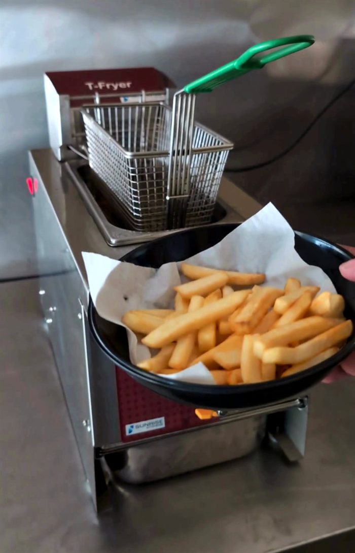 Golden French fries served beside the Total Fryer after frying